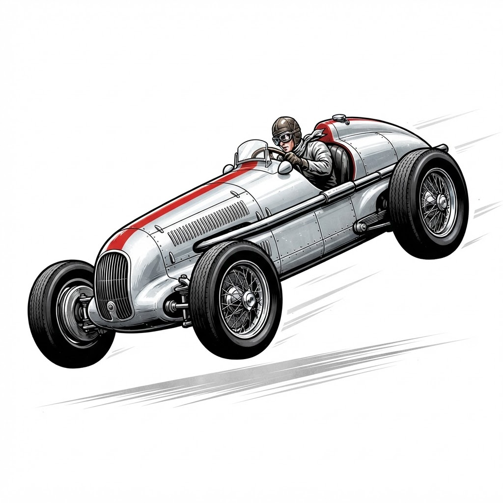 Airborne 1930s streamlined race car — Alfred as driver, built on Deel, ADP and Databricks